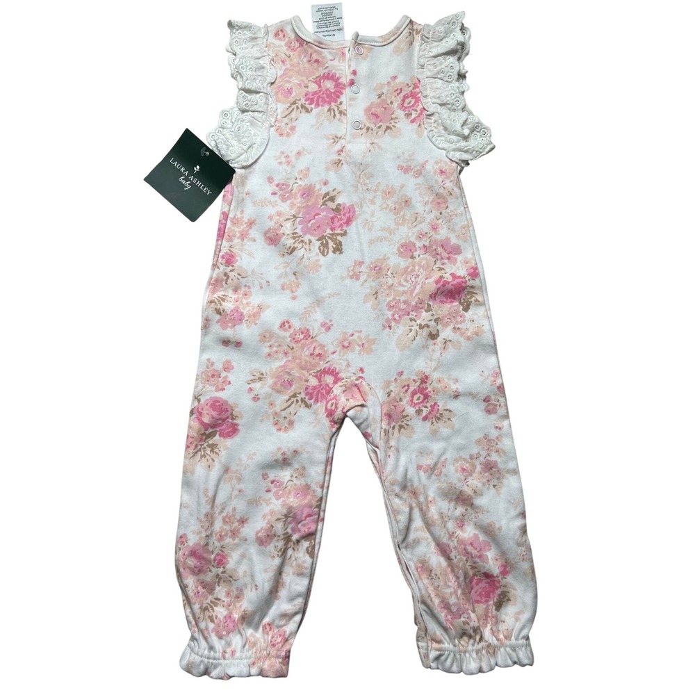 Laura Ashley Baby Girls Floral Coverall Pink Rose Eyelet Lace Ruffle 12 Months